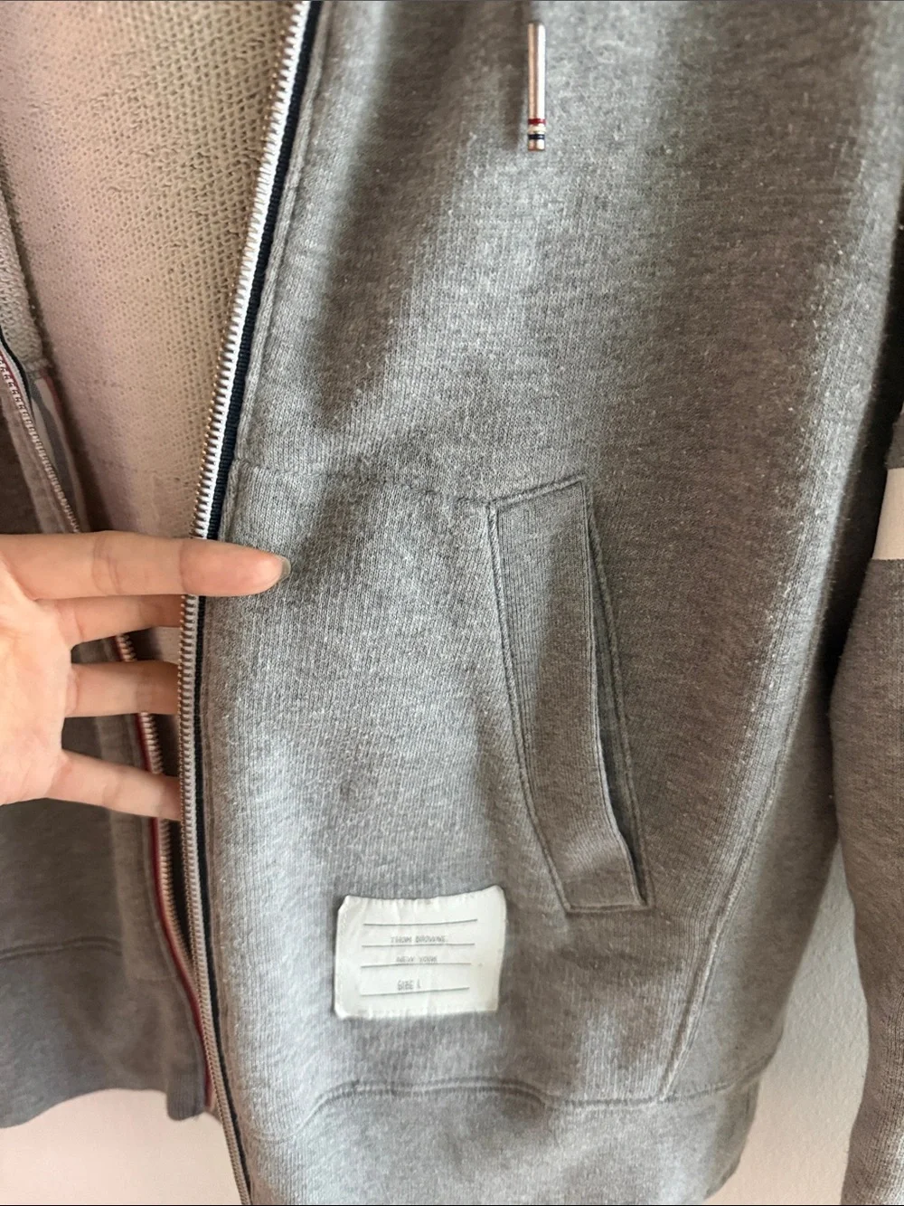 Thom Browne Grey Zip-Up Hoodie with Signature Sleeve Stripes